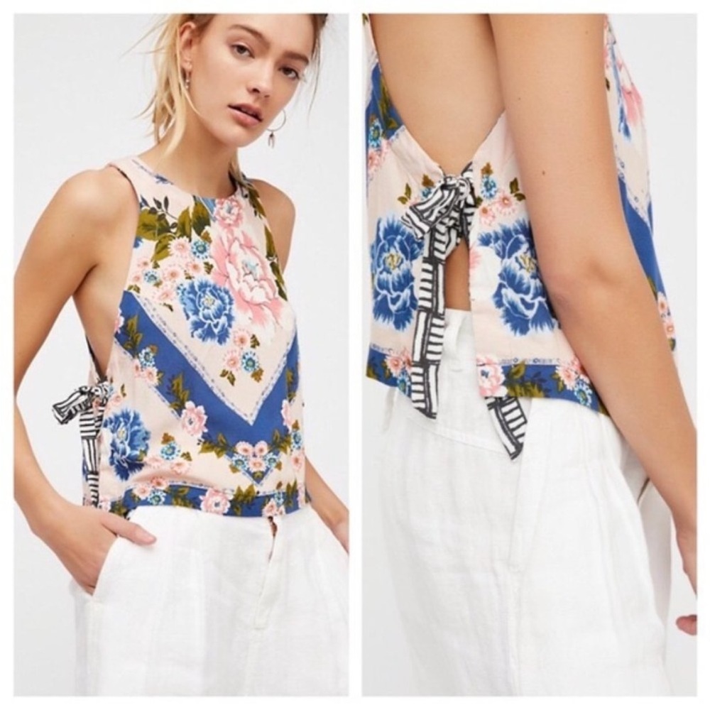 Free People Blue and Pink Crop Cut Out Tank Top